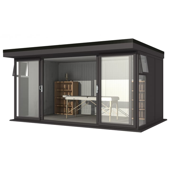 Nordic Broadway Flat 4.8m x 3m in Black.

The Broadway Flat includes large double sliding doors to the front. A glass to ground window with a top opening vent is positioned in each end, towards the front.