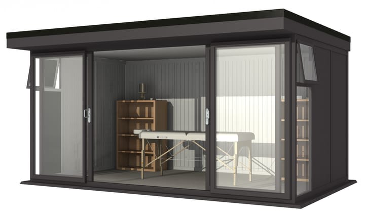 Nordic Broadway Flat Ultimate Package 4.8m x 3m in Black.

The Ultimate Package includes an insulated EPDM Leka Roof, Vinyl Flooring and a Concrete Base.

The Broadway Flat includes large double sliding doors to the front. A glass to ground window with a top opening vent is positioned in each end, towards the front.