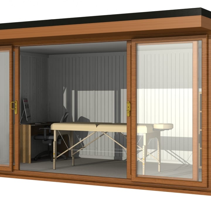 Nordic Broadway Flat 4.8m x 3m in Golden Oak.

The Broadway Flat includes large double sliding doors to the front. A glass to ground window with a top opening vent is positioned in each end, towards the front.