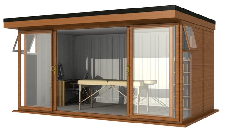 Nordic Broadway Flat 4.8m x 3m in Golden Oak.

The Broadway Flat includes large double sliding doors to the front. A glass to ground window with a top opening vent is positioned in each end, towards the front.