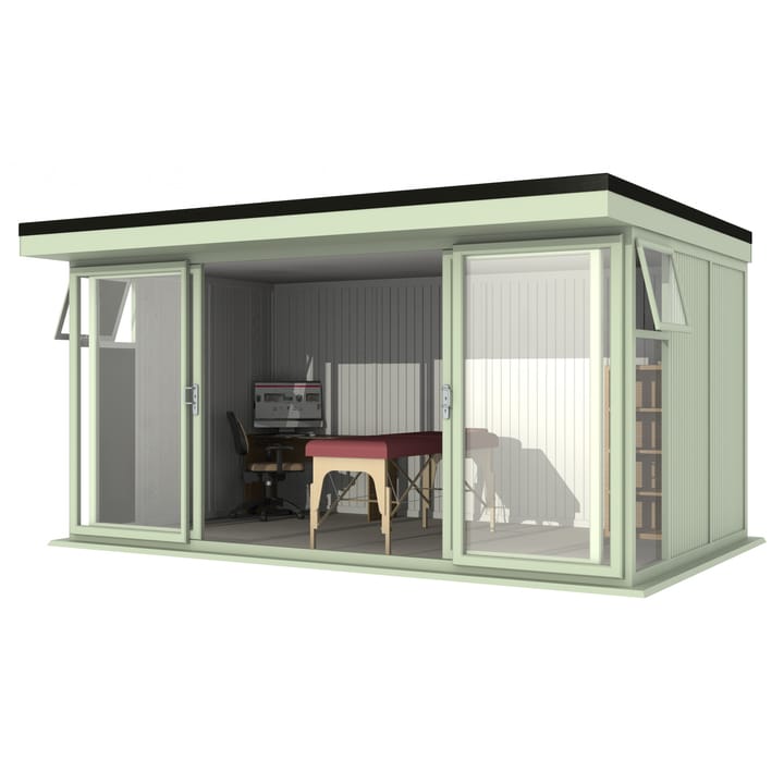Nordic Broadway Flat 4.8m x 3m in Chartwell Green.

The Broadway Flat includes large double sliding doors to the front. A glass to ground window with a top opening vent is positioned in each end, towards the front.