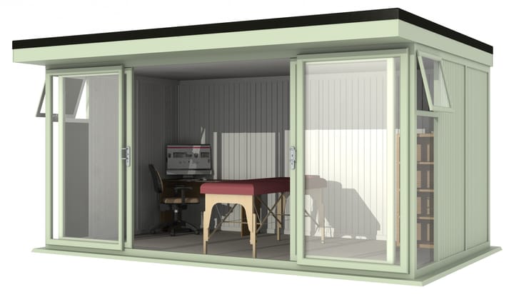 Nordic Broadway Flat Ultimate Package 4.8m x 3m in Chartwell Green.

The Ultimate Package includes an insulated EPDM Leka Roof, Vinyl Flooring and a Concrete Base.

The Broadway Flat includes large double sliding doors to the front. A glass to ground window with a top opening vent is positioned in each end, towards the front.