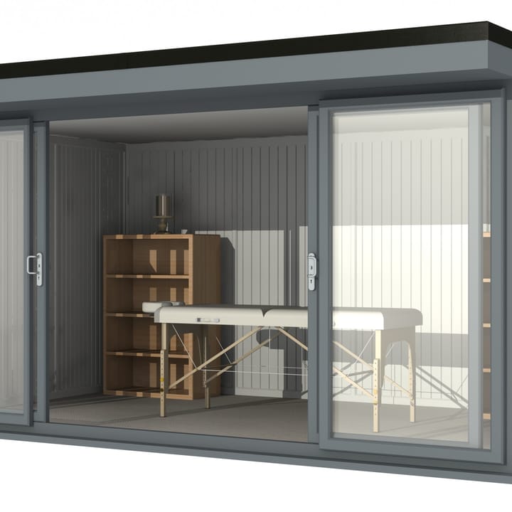 Nordic Broadway Flat 4.8m x 3m in Grey.

The Broadway Flat includes large double sliding doors to the front. A glass to ground window with a top opening vent is positioned in each end, towards the front.