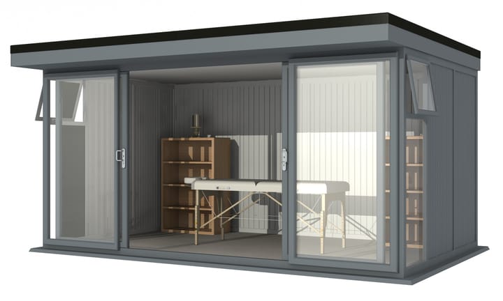 Nordic Broadway Flat Ultimate Package 4.8m x 3m in Grey.

The Ultimate Package includes an insulated EPDM Leka Roof, Vinyl Flooring and a Concrete Base.

The Broadway Flat includes large double sliding doors to the front. A glass to ground window with a top opening vent is positioned in each end, towards the front.