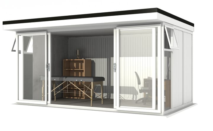 Nordic Broadway Flat Ultimate Package 4.8m x 3m in White.

The Ultimate Package includes an insulated EPDM Leka Roof, Vinyl Flooring and a Concrete Base.

The Broadway Flat includes large double sliding doors to the front. A glass to ground window with a top opening vent is positioned in each end, towards the front.