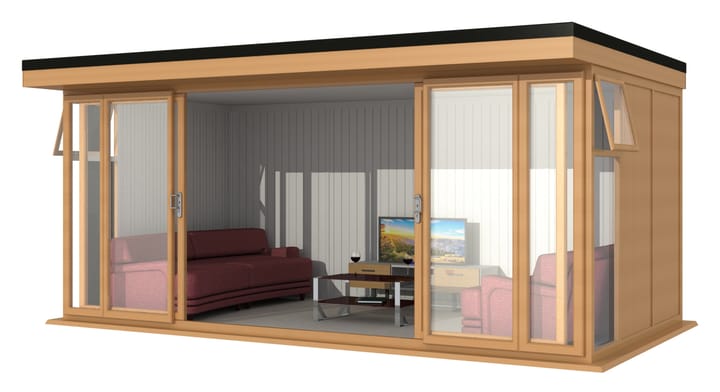 Nordic Broadway Flat 5.4m x 3m in Irish Oak.

The Broadway Flat includes large double sliding doors to the front. A glass to ground window with a top opening vent is positioned in each end, towards the front.