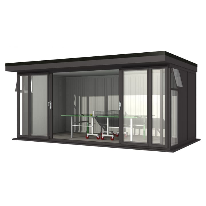 Nordic Broadway Flat 5.4m x 3m in Black.

The Broadway Flat includes large double sliding doors to the front. A glass to ground window with a top opening vent is positioned in each end, towards the front.