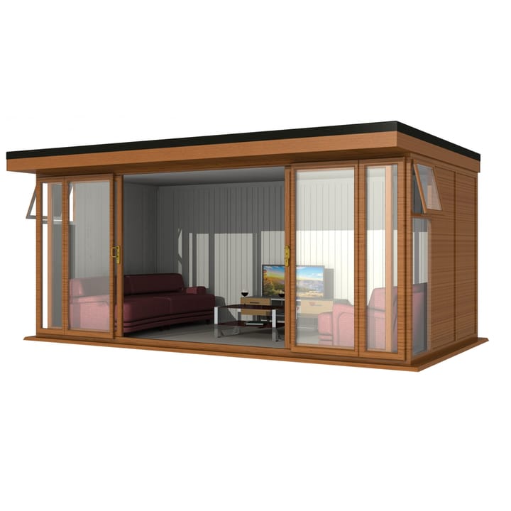Nordic Broadway Flat 5.4m x 3m in Golden Oak.

The Broadway Flat includes large double sliding doors to the front. A glass to ground window with a top opening vent is positioned in each end, towards the front.