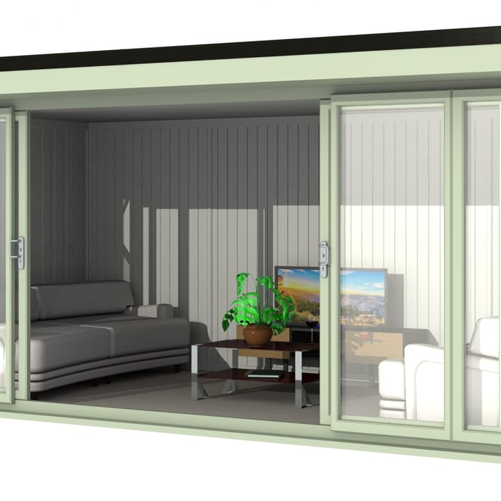 Nordic Broadway Flat 5.4m x 3m in Chartwell Green.

The Broadway Flat includes large double sliding doors to the front. A glass to ground window with a top opening vent is positioned in each end, towards the front.