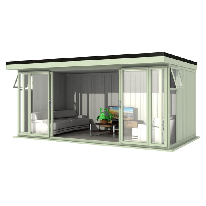 Nordic Broadway Flat 5.4m x 3m in Chartwell Green.

The Broadway Flat includes large double sliding doors to the front. A glass to ground window with a top opening vent is positioned in each end, towards the front.