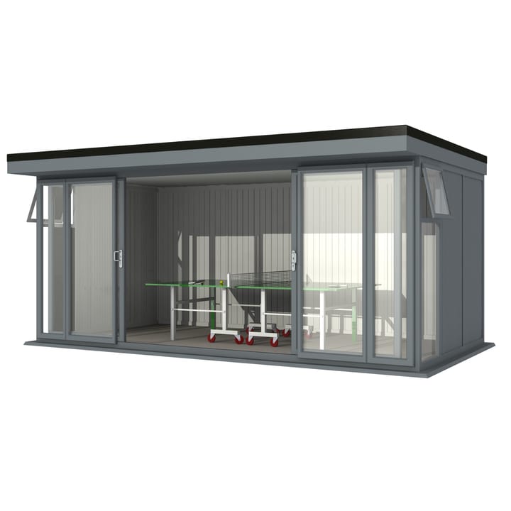 Nordic Broadway Flat 5.4m x 3m in Grey.

The Broadway Flat includes large double sliding doors to the front. A glass to ground window with a top opening vent is positioned in each end, towards the front.