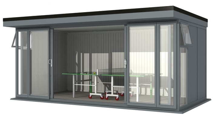 Nordic Broadway Flat 5.4m x 3m in Grey.

The Broadway Flat includes large double sliding doors to the front. A glass to ground window with a top opening vent is positioned in each end, towards the front.