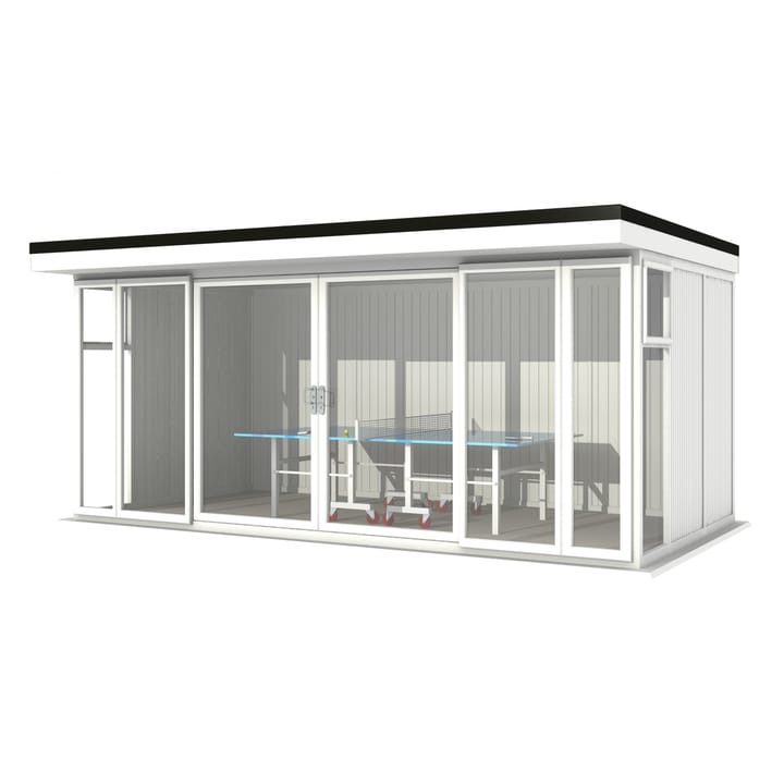 Nordic Broadway Flat 5.4m x 3m in White.

The Broadway Flat includes large double sliding doors to the front. A glass to ground window with a top opening vent is positioned in each end, towards the front.