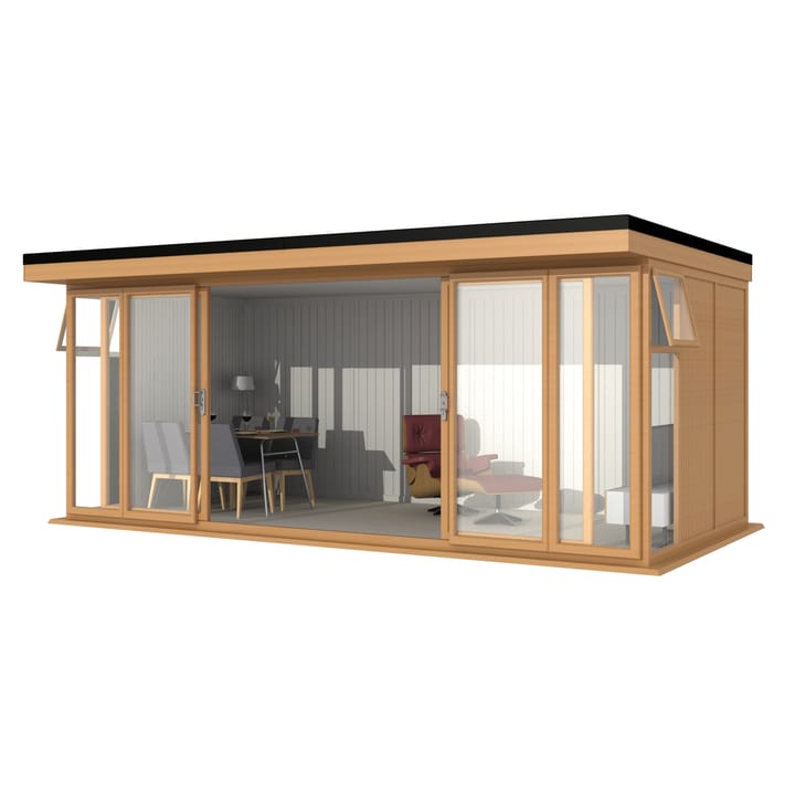 Nordic Broadway Flat 5.85m x 3m in Irish Oak.

The Broadway Flat includes large double sliding doors to the front. A glass to ground window with a top opening vent is positioned in each end, towards the front.