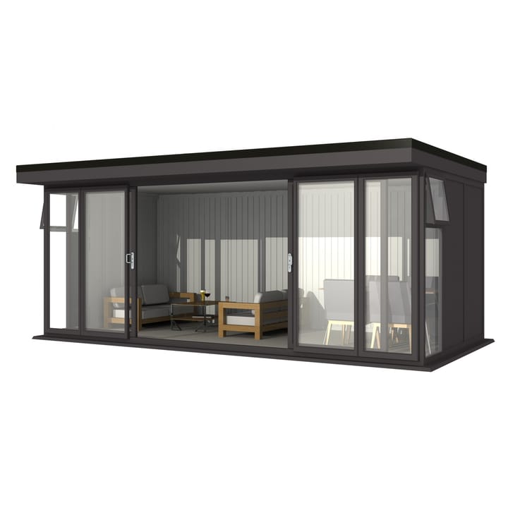 Nordic Broadway Flat 5.85m x 3m in Black.

The Broadway Flat includes large double sliding doors to the front. A glass to ground window with a top opening vent is positioned in each end, towards the front.