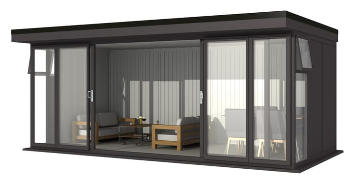 Nordic Broadway Flat Ultimate Package 5.85m x 3m in Black.

The Ultimate Package includes an insulated EPDM Leka Roof, Vinyl Flooring and a Concrete Base.

The Broadway Flat includes large double sliding doors to the front. A glass to ground window with a top opening vent is positioned in each end, towards the front.