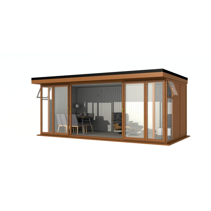 Nordic Broadway Flat 5.85m x 3m in Golden Oak.

The Broadway Flat includes large double sliding doors to the front. A glass to ground window with a top opening vent is positioned in each end, towards the front.