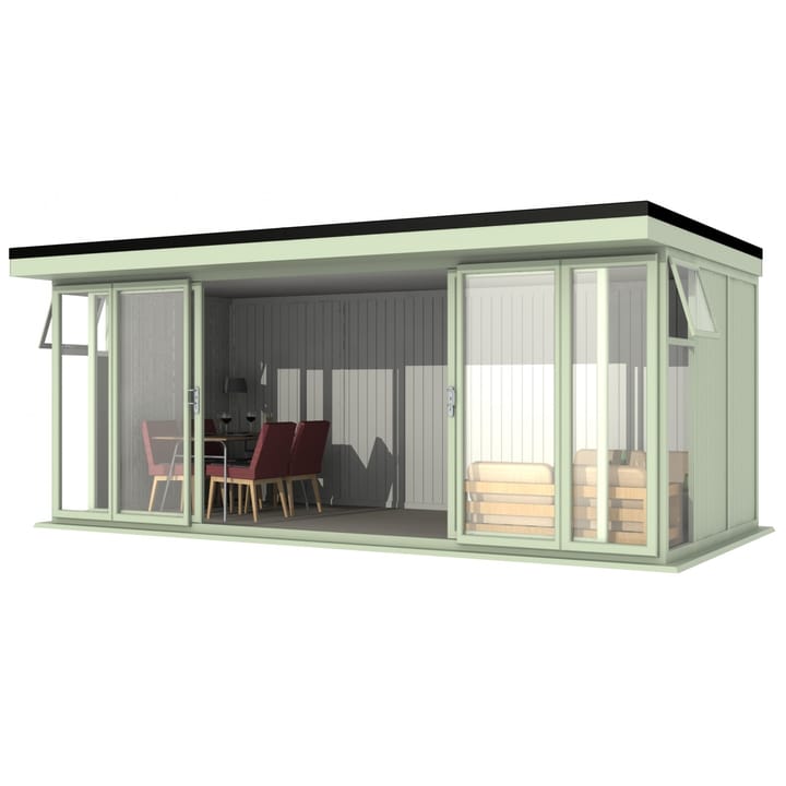 Nordic Broadway Flat 5.85m x 3m in Chartwell Green.

The Broadway Flat includes large double sliding doors to the front. A glass to ground window with a top opening vent is positioned in each end, towards the front.