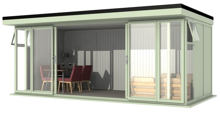 Nordic Broadway Flat 5.85m x 3m in Chartwell Green.

The Broadway Flat includes large double sliding doors to the front. A glass to ground window with a top opening vent is positioned in each end, towards the front.