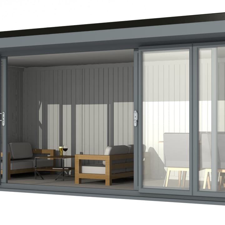 Nordic Broadway Flat 5.85m x 3m in Grey.

The Broadway Flat includes large double sliding doors to the front. A glass to ground window with a top opening vent is positioned in each end, towards the front.