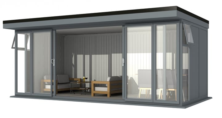 Nordic Broadway Flat Ultimate Package 5.85m x 3m in Grey.

The Ultimate Package includes an insulated EPDM Leka Roof, Vinyl Flooring and a Concrete Base.

The Broadway Flat includes large double sliding doors to the front. A glass to ground window with a top opening vent is positioned in each end, towards the front.