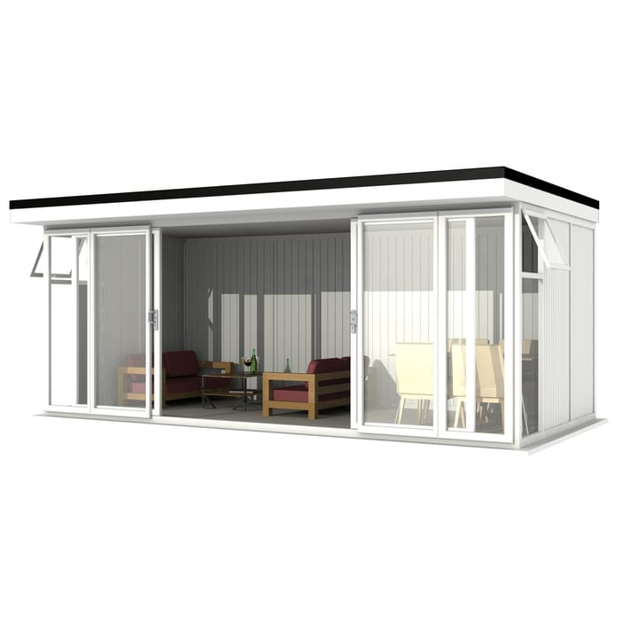 Nordic Broadway Flat 5.85m x 3m in White.

The Broadway Flat includes large double sliding doors to the front. A glass to ground window with a top opening vent is positioned in each end, towards the front.