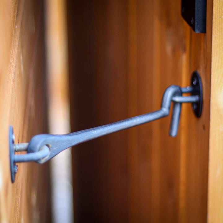 A door hook and eye is supplied with every Malvern Heavy Duty Shed. These help to keep the door pinned open, rather than potentially slamming shut with a breeze.