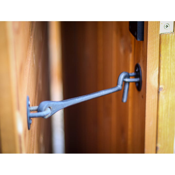 A door hook and eye is supplied with every Malvern Stanford and Holt Workshop shed. These help to keep the door pinned open, rather than potentially slamming shut with a breeze.