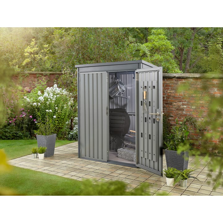 Hex Hixon Storage shed shown here in Anthracite finish. Also available in Sage Green.