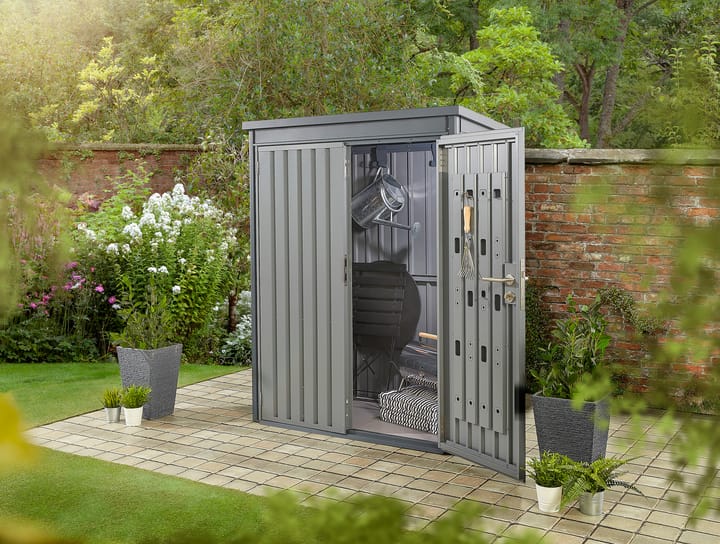 Hex Hixon Storage shed shown here in Anthracite finish. Also available in Sage Green.