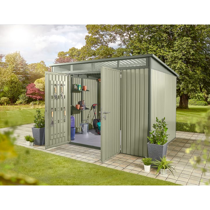 10 x 8 HEX Hixon shed in Sage Green. The Hixon features double opening doors to the front. The doors include an integrated organisation panel, ideal for hanging garden tools. Transom windows run the width of the building above the doors, allowing light through. The Hixon is also available in Anthracite.