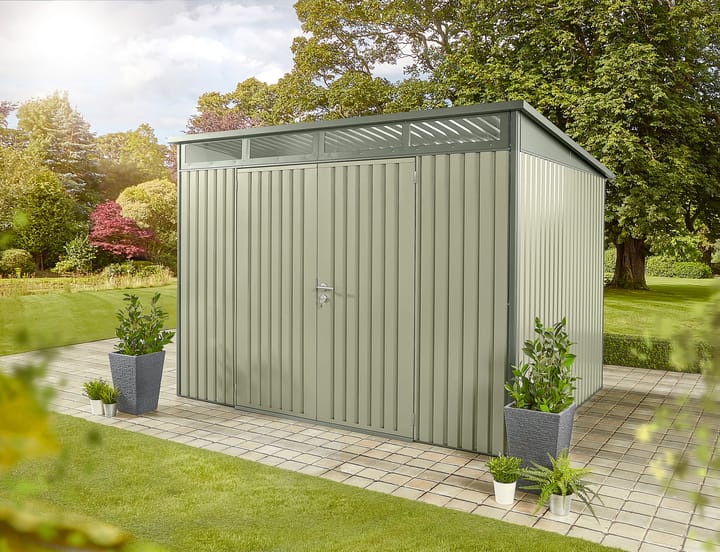10 x 8 HEX Hixon shed in Sage Green. The Hixon is also available in Anthracite.