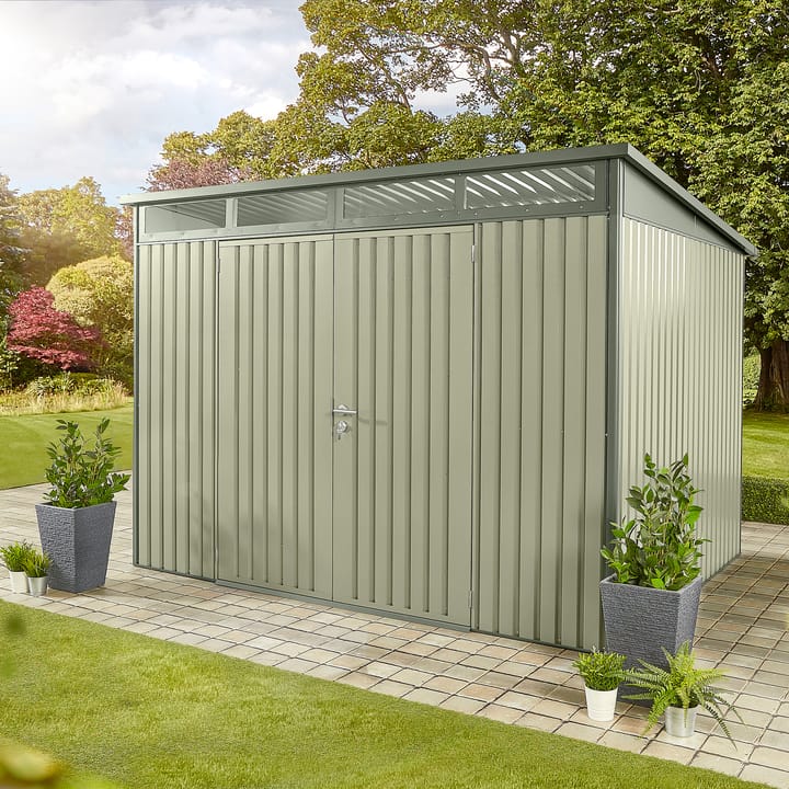 10 x 8 HEX Hixon shed in Sage Green. The Hixon is also available in Anthracite.