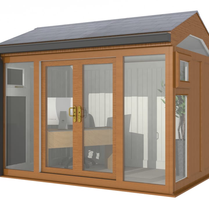 Nordic Greenwich Pavilion 3m x 2.1m Golden Oak.

The Greenwich Pavilion features a side opening vent in each end of the building, a fully glazed front, transom windows in each end and a slate effect tiled roof.