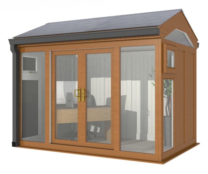 Nordic Greenwich Pavilion 3m x 2.1m Golden Oak.

The Greenwich Pavilion features a side opening vent in each end of the building, a fully glazed front, transom windows in each end and a slate effect tiled roof.