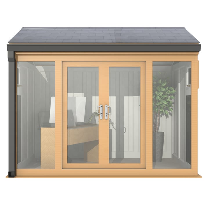 Nordic Greenwich Pavilion 3m x 2.1m Irish Oak.

The Greenwich Pavilion features a side opening vent in each end of the building, a fully glazed front, transom windows in each end and a slate effect tiled roof.