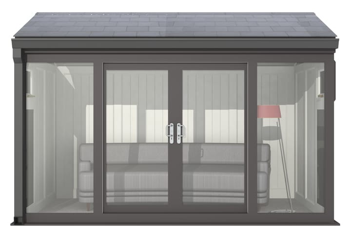 Nordic Greenwich Pavilion 3.6m x 2.1m Black.

The Greenwich Pavilion features a side opening vent in each end of the building, a fully glazed front, transom windows in each end and a slate effect tiled roof.
 