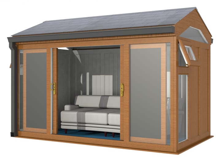 Nordic Greenwich Pavilion Ultimate Package 3.6m x 2.1m Golden Oak.

The Greenwich Pavilion features a side opening vent in each end of the building, a fully glazed front, transom windows in each end and a slate effect tiled roof.