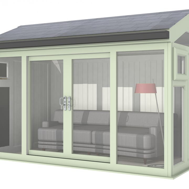 Nordic Greenwich Pavilion 3.6m x 2.1m Chartwell Green.

The Greenwich Pavilion features a side opening vent in each end of the building, a fully glazed front, transom windows in each end and a slate effect tiled roof.