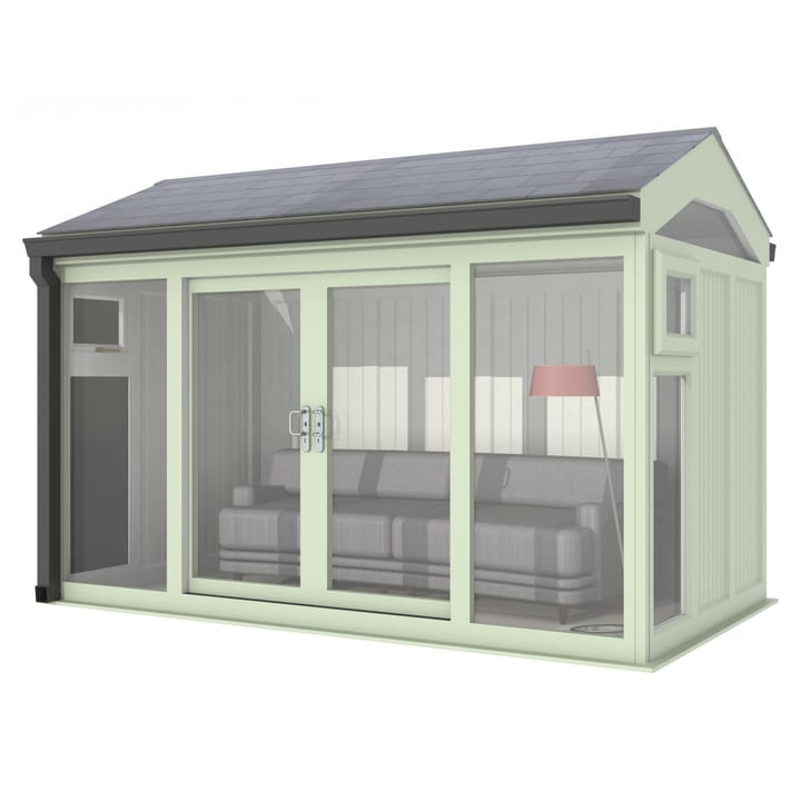 Nordic Greenwich Pavilion 3.6m x 2.1m Chartwell Green.

The Greenwich Pavilion features a side opening vent in each end of the building, a fully glazed front, transom windows in each end and a slate effect tiled roof.