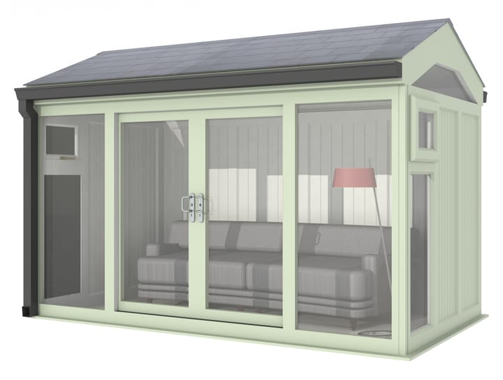 Nordic Greenwich Pavilion Ultimate Package 3.6m x 2.1m Chartwell Green.

The Greenwich Pavilion features a side opening vent in each end of the building, a fully glazed front, transom windows in each end and a slate effect tiled roof.