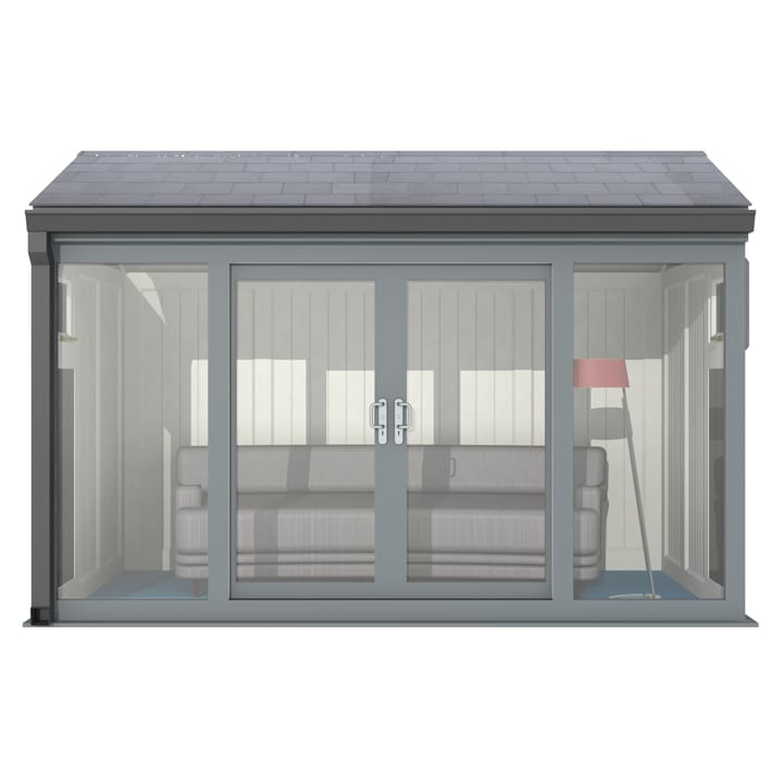 Nordic Greenwich Pavilion 3.6m x 2.1m Grey.

The Greenwich Pavilion features a side opening vent in each end of the building, a fully glazed front, transom windows in each end and a slate effect tiled roof.