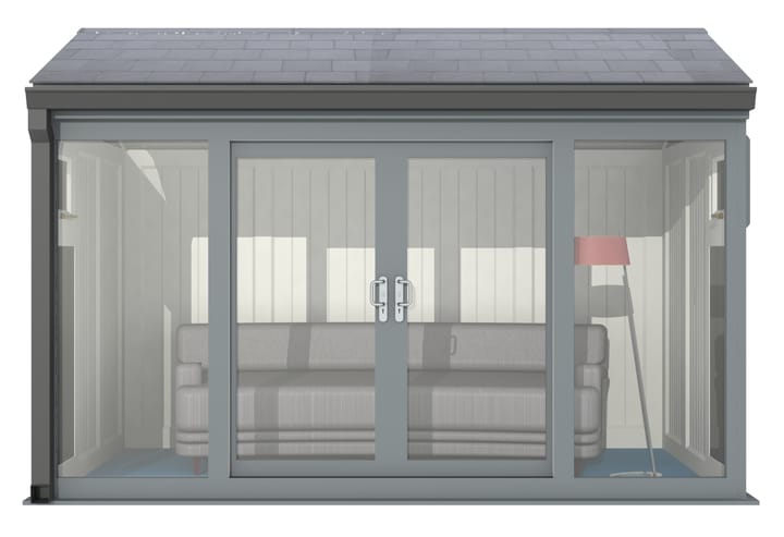 Nordic Greenwich Pavilion Ultimate Package 3.6m x 2.1m Grey.

The Greenwich Pavilion features a side opening vent in each end of the building, a fully glazed front, transom windows in each end and a slate effect tiled roof.