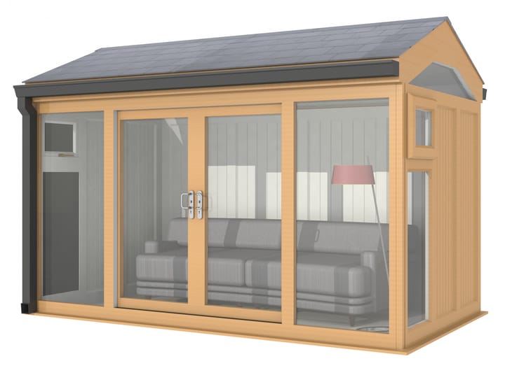 Nordic Greenwich Pavilion Ultimate Package 3.6m x 2.1m Irish Oak.

The Greenwich Pavilion features a side opening vent in each end of the building, a fully glazed front, transom windows in each end and a slate effect tiled roof.