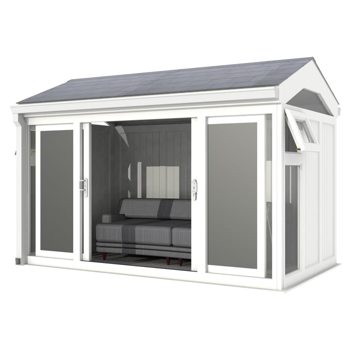 Nordic Greenwich Pavilion 3.6m x 2.1m White.

The Greenwich Pavilion features a side opening vent in each end of the building, a fully glazed front, transom windows in each end and a slate effect tiled roof.