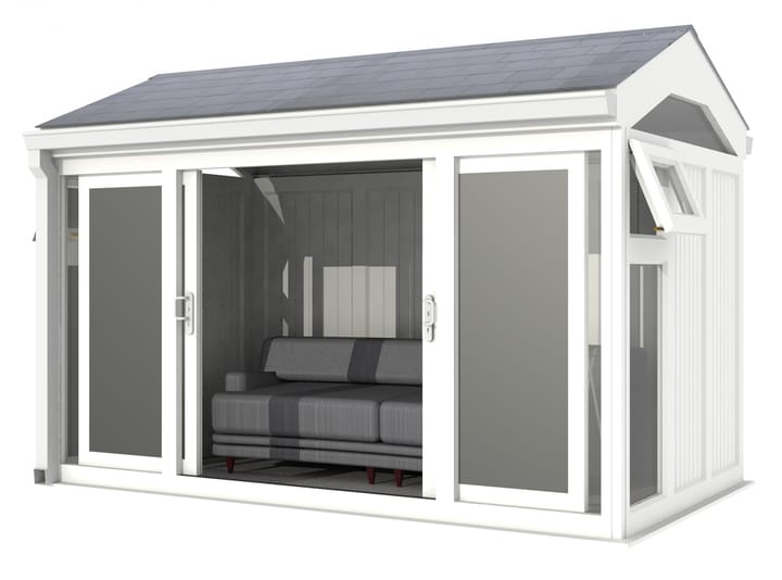 Nordic Greenwich Pavilion 3.6m x 2.1m White.

The Greenwich Pavilion features a side opening vent in each end of the building, a fully glazed front, transom windows in each end and a slate effect tiled roof.