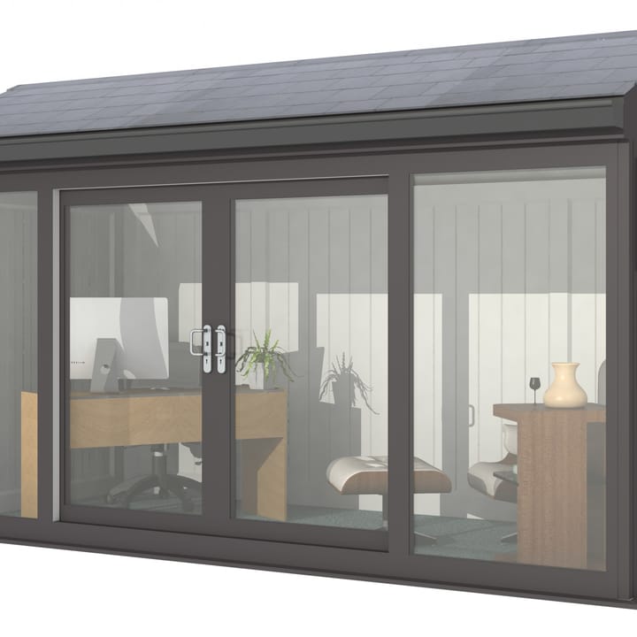Nordic Greenwich Pavilion 4.2m x 2.1m Black.

The Greenwich Pavilion features a side opening vent in each end of the building, a fully glazed front, transom windows in each end and a slate effect tiled roof.
 