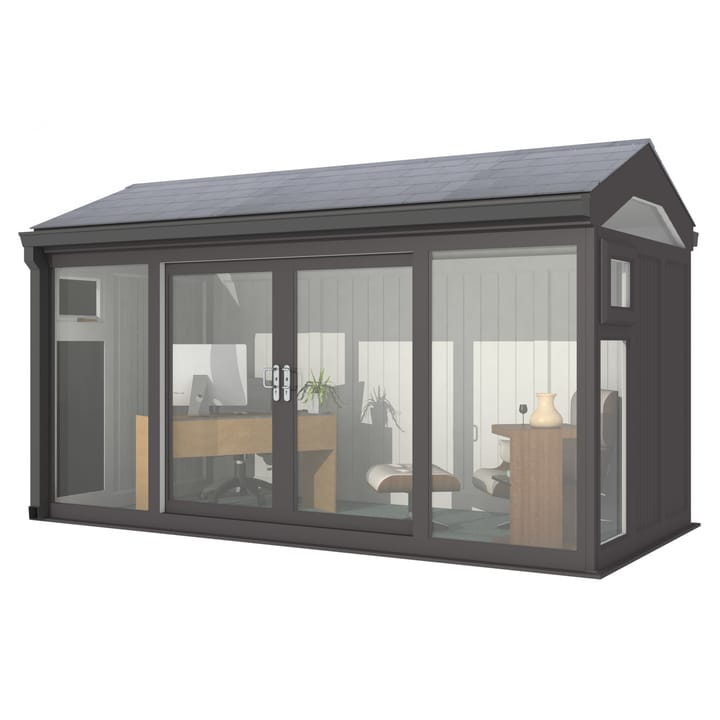 Nordic Greenwich Pavilion 4.2m x 2.1m Black.

The Greenwich Pavilion features a side opening vent in each end of the building, a fully glazed front, transom windows in each end and a slate effect tiled roof.
 
