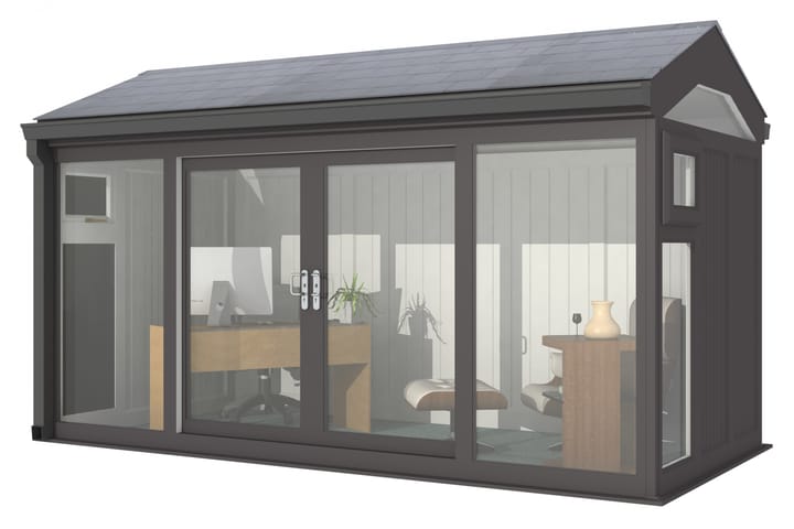 Nordic Greenwich Pavilion Ultimate Package 4.2m x 2.1m Black.

The Greenwich Pavilion features a side opening vent in each end of the building, a fully glazed front, transom windows in each end and a slate effect tiled roof.
 