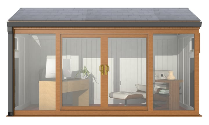 Nordic Greenwich Pavilion Ultimate Package 4.2m x 2.1m Golden Oak.

The Greenwich Pavilion features a side opening vent in each end of the building, a fully glazed front, transom windows in each end and a slate effect tiled roof.